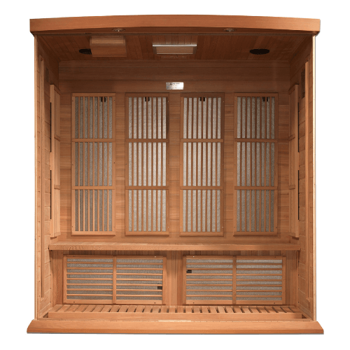 Interior view of the Golden Designs Maxxus 4-Person Low EMF Sauna made of red cedar