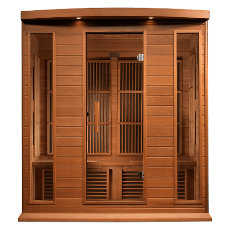 Front view of the Golden Designs Maxxus 4-Person Low EMF Sauna made of red cedar