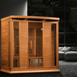 Lifestyle view of the Golden Designs Maxxus 4-Person Low EMF Sauna made of red cedar