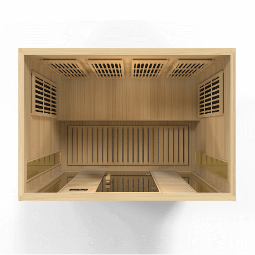 Top angle interior view of the Golden Designs Maxxus 4-Person Low EMF Sauna MX-K406-01