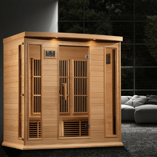 A lifestyle view of the Golden Designs Maxxus 4-Person Low EMF Sauna MX-K406-01