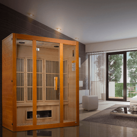 Lifestyle view of the Golden Designs Maxxus Alpine Dual Tech Low EMF Sauna