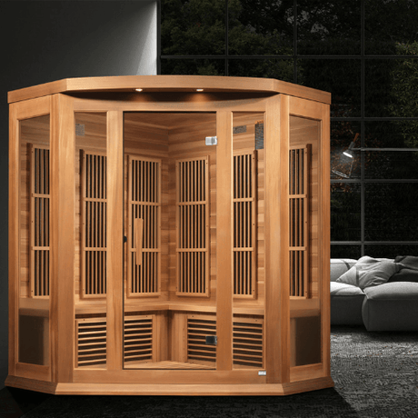 A lifestyle view of the Golden Designs Maxxus Avignon corner sauna