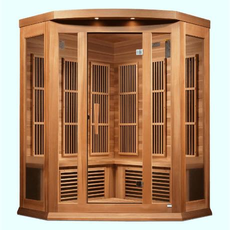 Front view of the Golden Designs Maxxus Avignon corner sauna