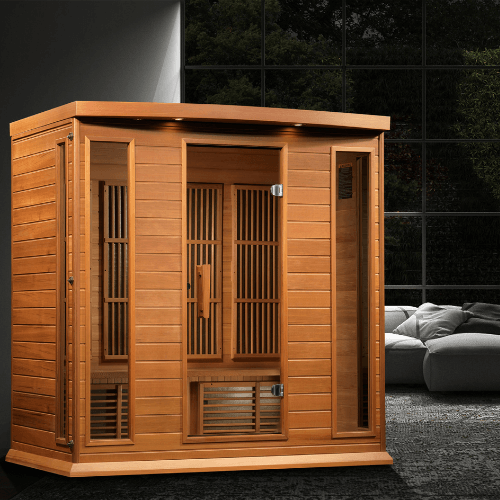 A lifestyle view of the Golden Designs Maxxus Chaumont sauna