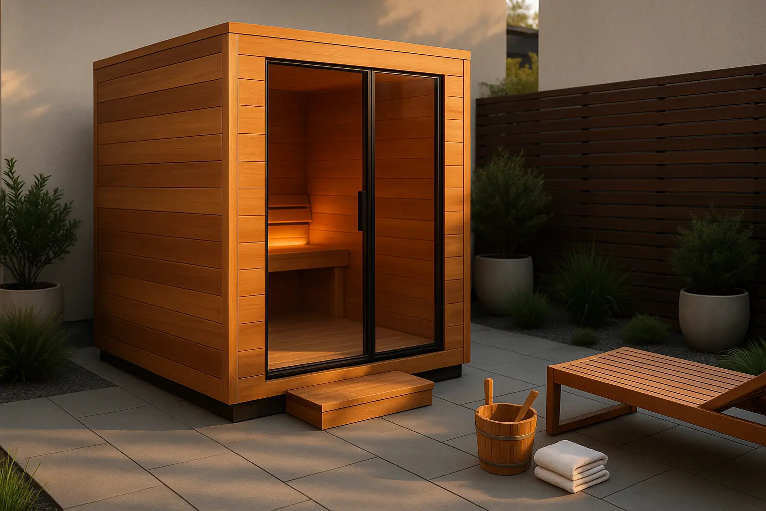 Modern cube sauna made of cedar placed on a sleek outdoor retreat