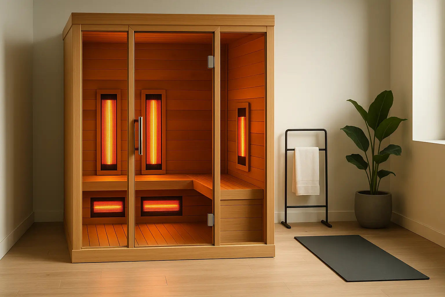 Modern infrared home sauna with glowing carbon heaters in a bright wellness room featuring wood floors, plant, and towel rack.
