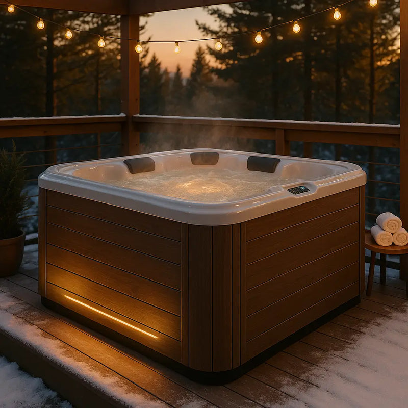 Modern square hot tub with steam and warm lighting on a snowy deck, surrounded by string lights and forest backdrop.