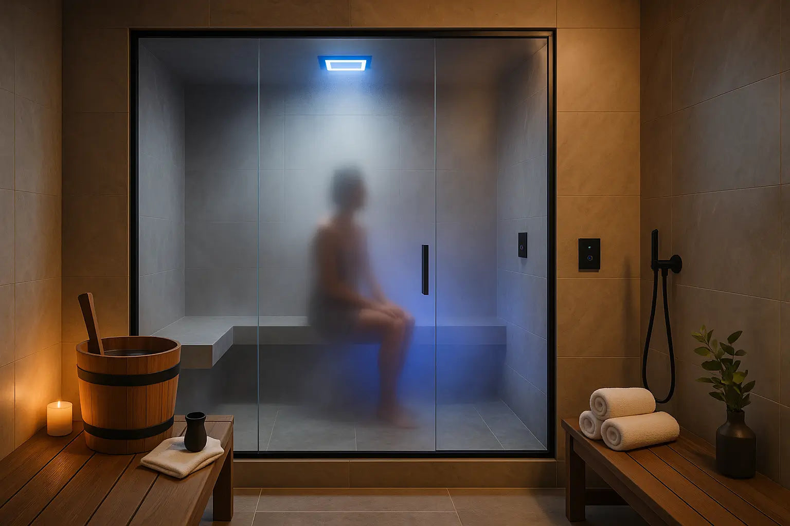 Steam shower with aromatherapy diffuser, LED lighting, and digital control panel in luxury bathroom.