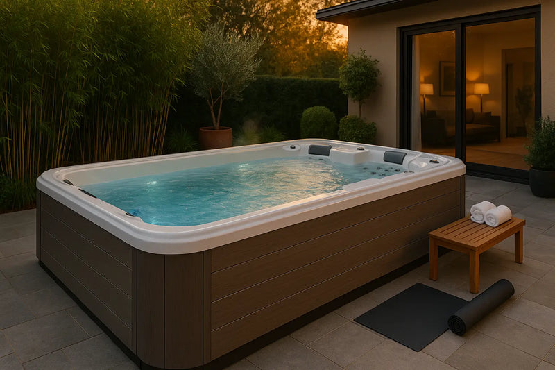 Dual-zone outdoor swim spa with bubbling water and LED lights on a luxury patio, surrounded by bamboo and sunset glow.