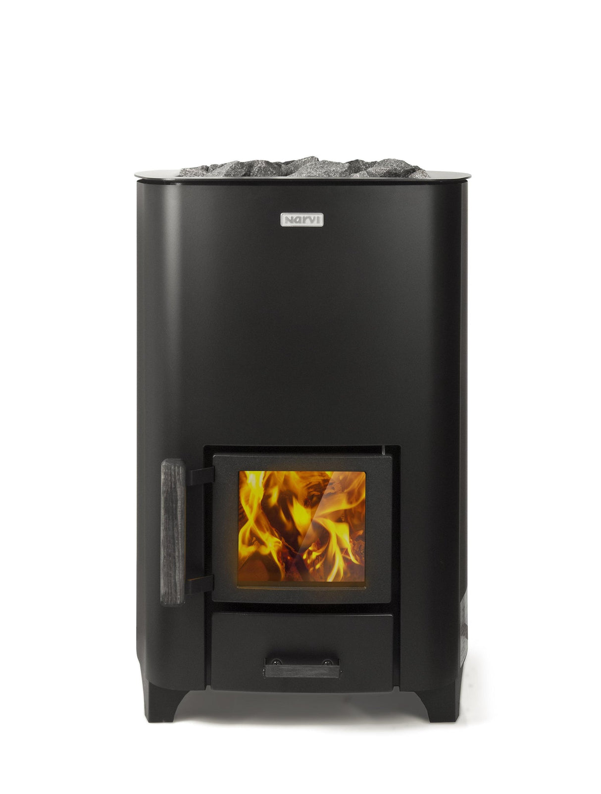 Close-up front view of a black wood-burning sauna heater. The heater has a sleek, modern design with a glass door showing the wood inside and the flames burning.