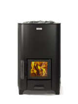 Close-up front view of a black wood-burning sauna heater. The heater has a sleek, modern design with a glass door showing the wood inside and the flames burning.