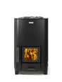 Close-up front view of a black wood-burning sauna heater. The heater has a sleek, modern design with a glass door showing the wood inside and the flames burning.