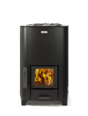 Close-up front view of a black wood-burning sauna heater. The heater has a sleek, modern design with a glass door showing the wood inside and the flames burning.