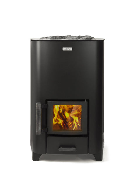 Close-up front view of a black wood-burning sauna heater. The heater has a sleek, modern design with a glass door showing the wood inside and the flames burning.