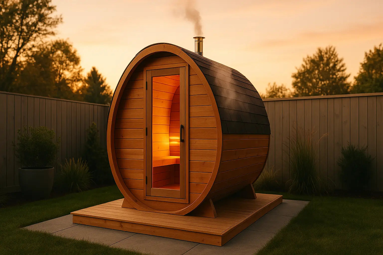 Modern cedar pod sauna on a backyard deck with glass door, steam rising, and golden-hour lighting in a private suburban setting.