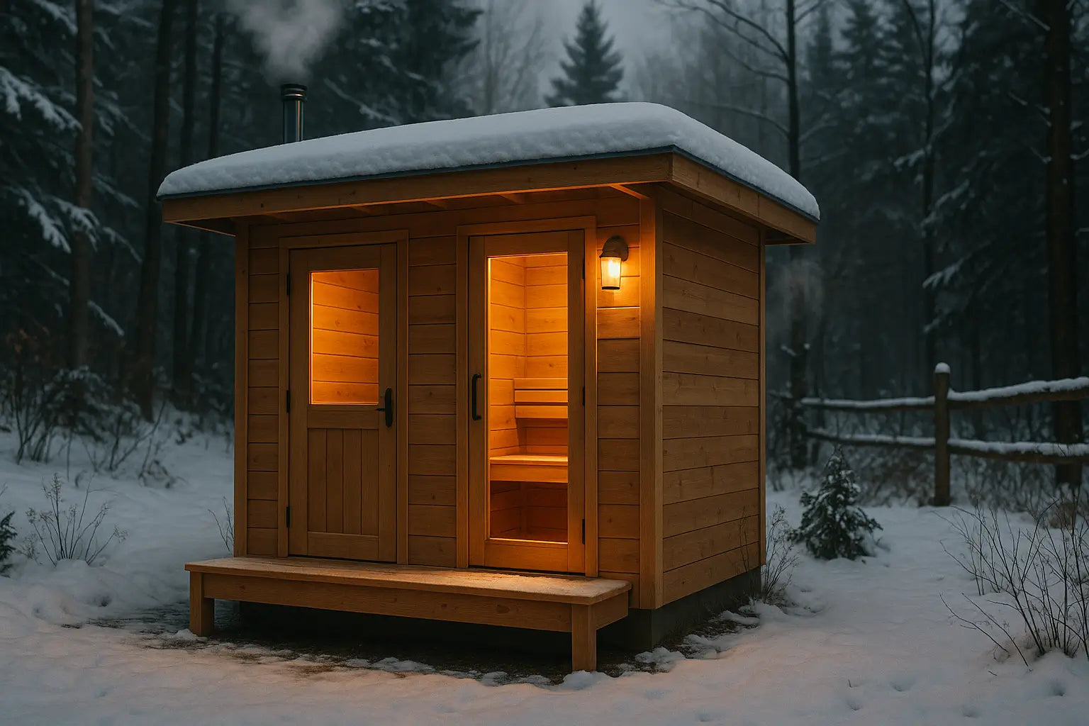 Outdoor cedar sauna with built-in changeroom in snowy forest, dual doors glowing warmly at dusk, framed by pine trees.