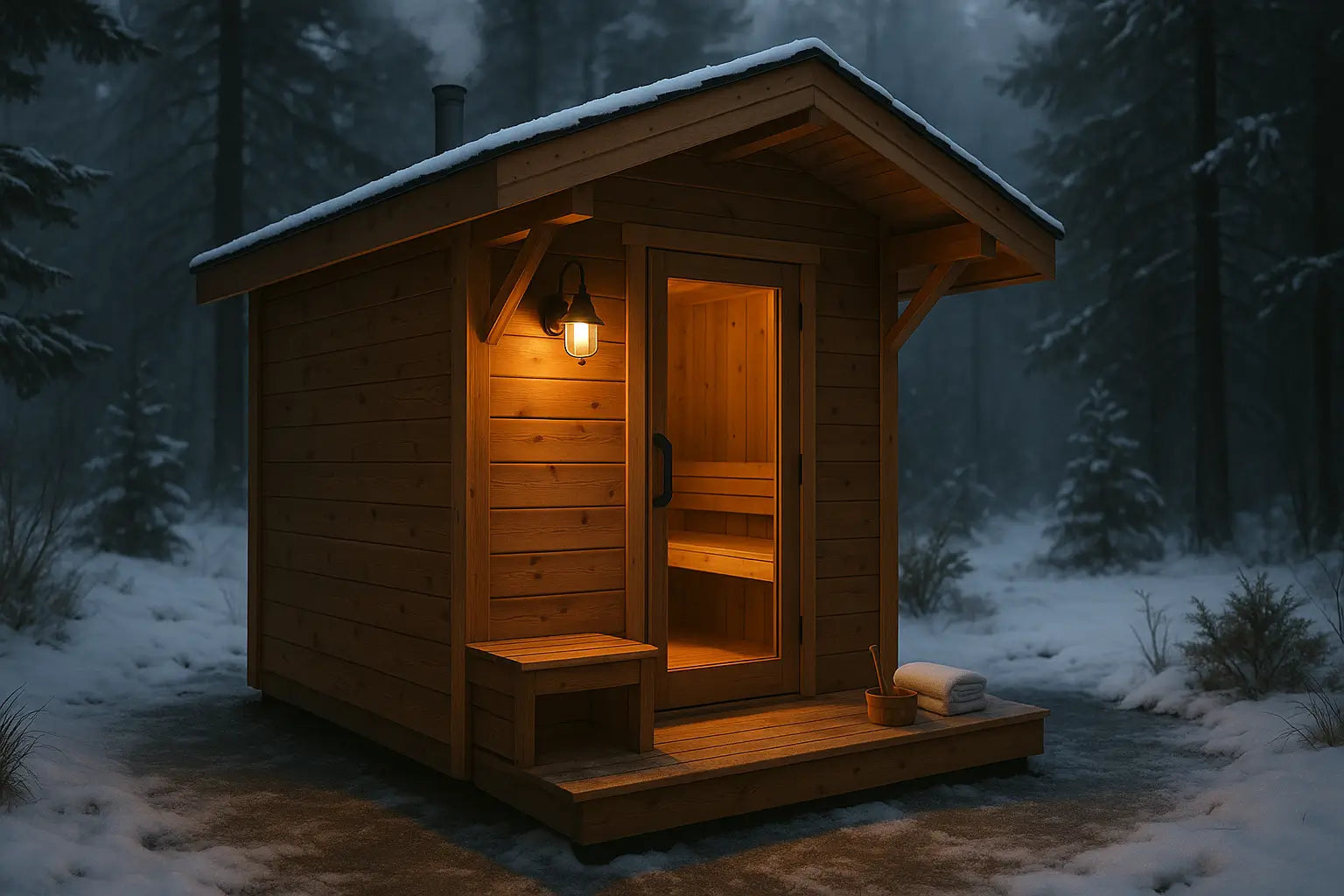 Photorealistic cedar porch sauna glowing warmly at dusk in a snowy forest, with steam rising and rustic lighting.