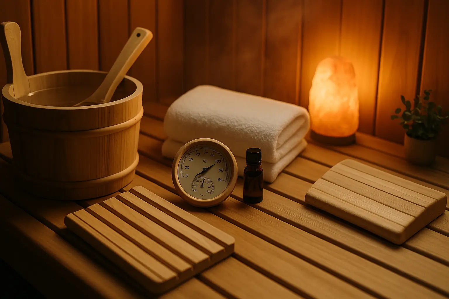 Flat-lay of premium sauna accessories including wooden bucket, ladle, backrest, towel, and aroma oils on a cedar bench.
