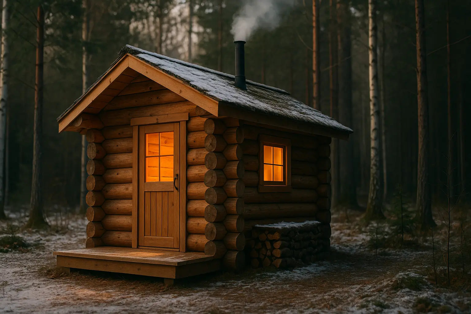Rustic cedar log sauna cabin glowing warmly in a snowy forest clearing with chimney smoke and porch overhang.