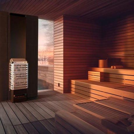 Lifestyle image of the Saunum Air heater in a sauna setting