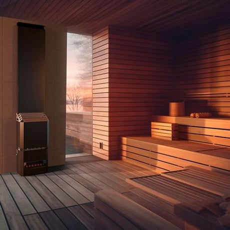 A lifestyle image showcasing the Saunum AIR sauna heater in a modern sauna