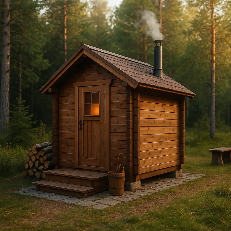 Traditional thermowood cabin-style sauna with chimney and firewood, glowing window, set in a tranquil forest clearing.