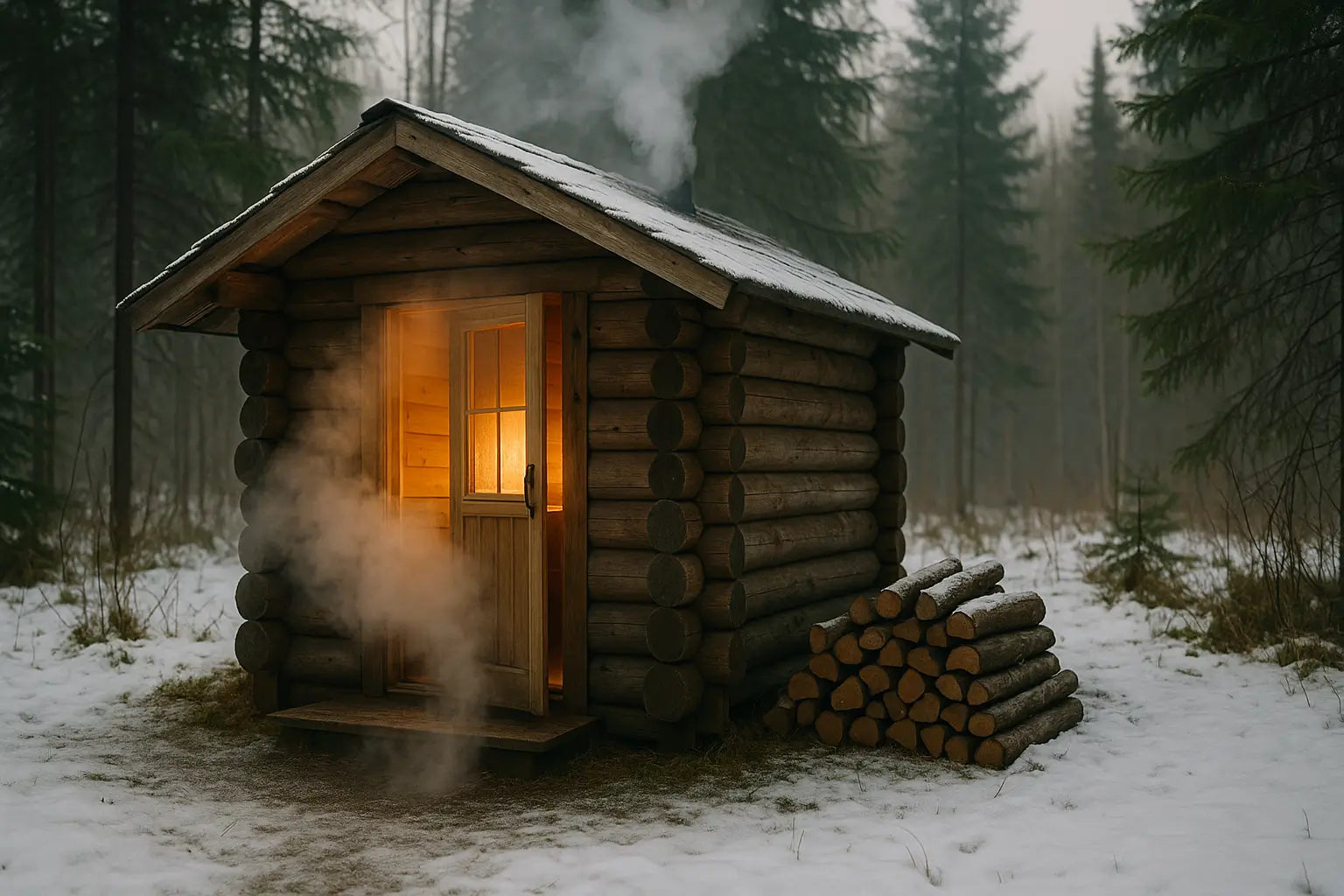 Rustic cedar sauna cabin with steam rising from open door, glowing warmly in a snowy pine forest clearing.