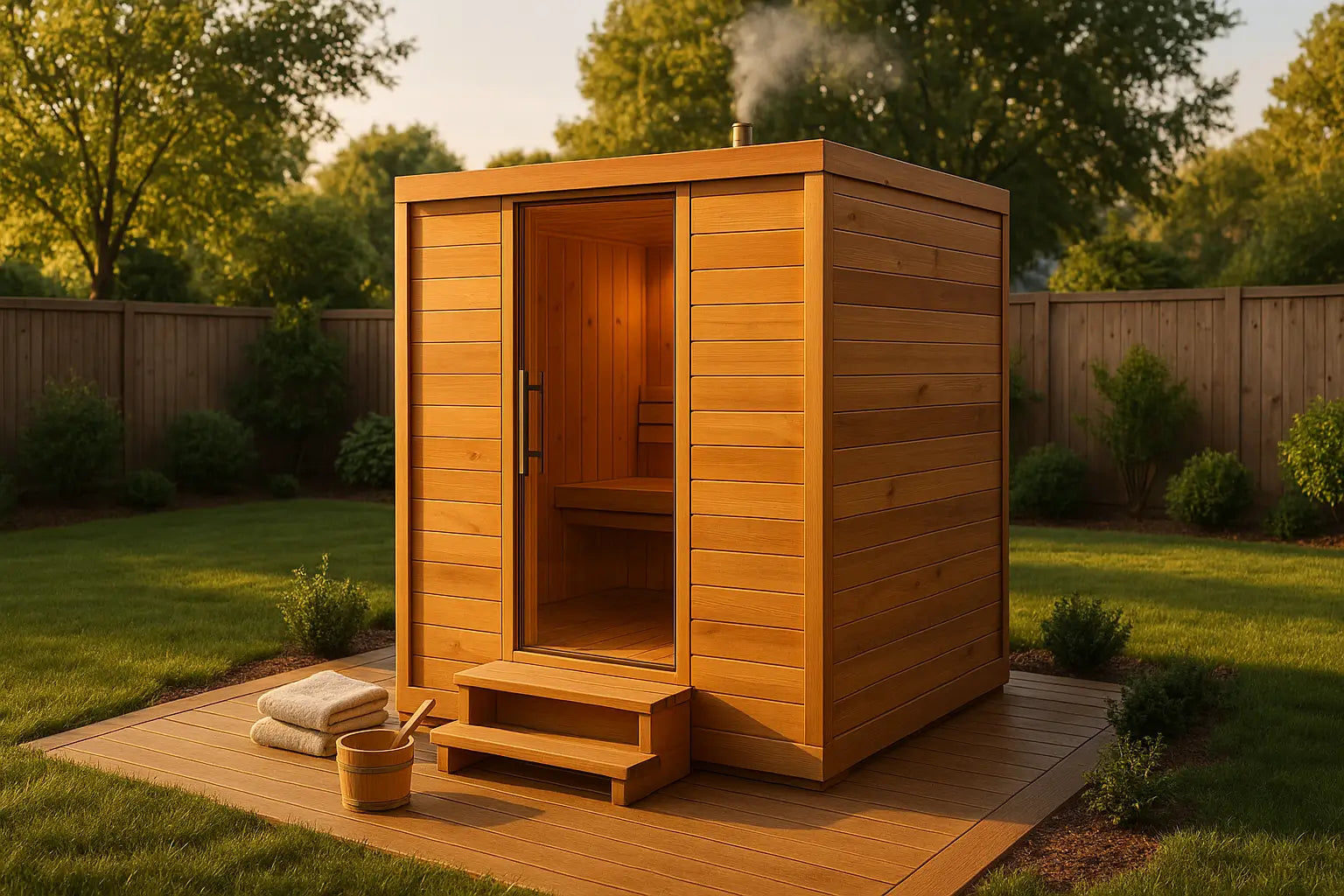 Outdoor cedar sauna installed on a home patio in the USA
