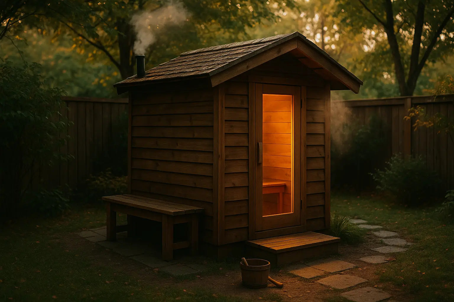 Affordable rustic outdoor sauna in a cozy backyard with warm amber glow, wood bench, steam rising, and golden-hour lighting.