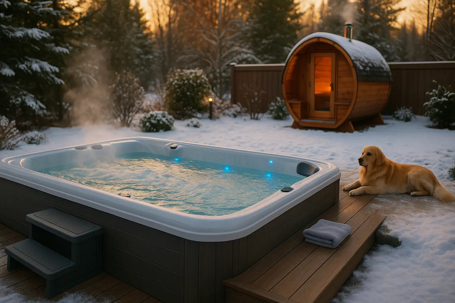 Steaming outdoor swim spa with glowing blue lights beside a cedar sauna and golden retriever in snowy Canadian backyard.