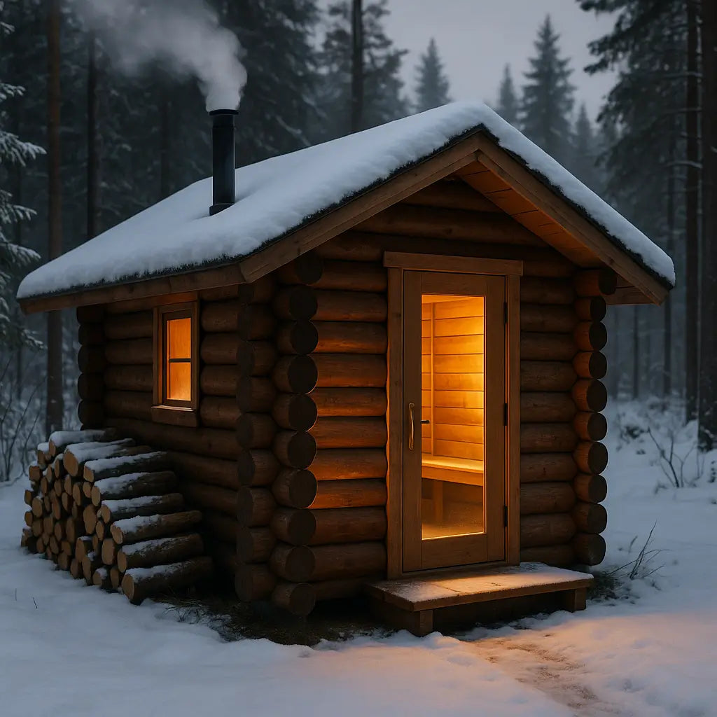 Rustic log cabin sauna glowing warmly in a snowy pine forest with chimney steam and stacked firewood.