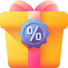 Yellow gift box with a purple percentage symbol badge and pink ribbon.